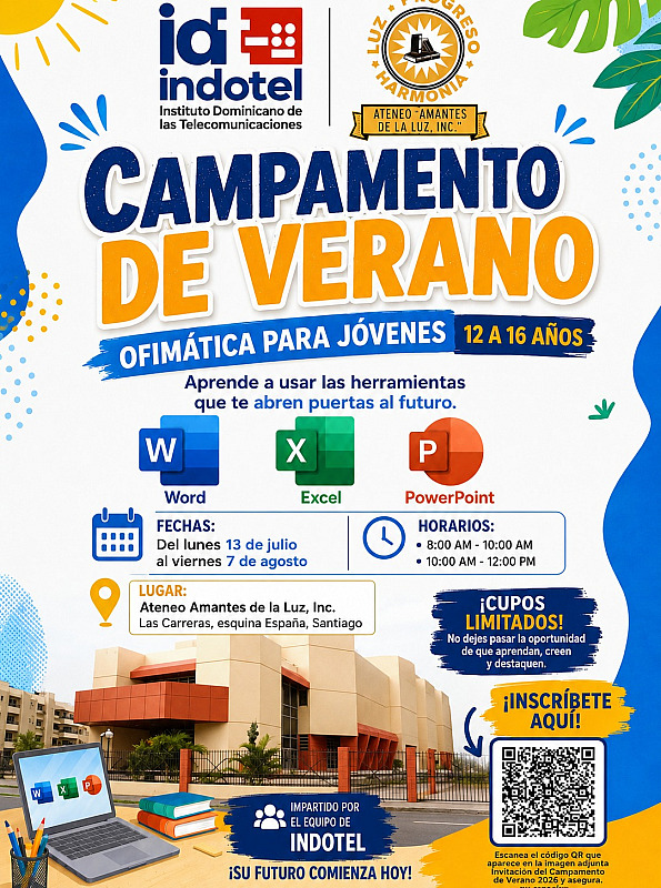 INDOTEL y Ateneo Amantes de la Luz impartirán campamento de verano en ofimática para jóvenes en Santiago