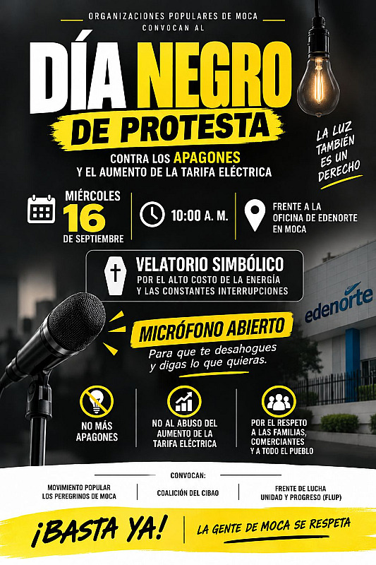# Convocan nuevo “Día Negro de Protesta” en Moca contra apagones y aumento de la tarifa eléctrica