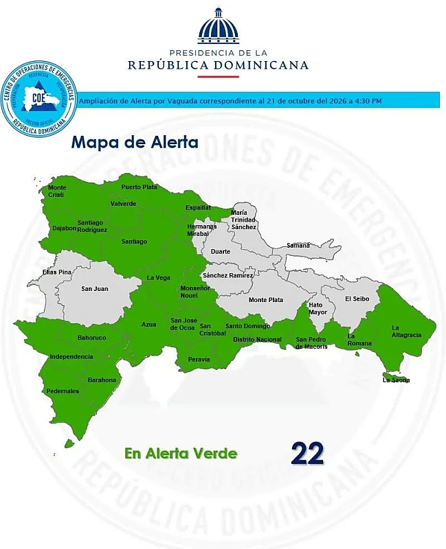 COE amplía a 22 provincias la alerta verde por aguaceros, tormentas eléctricas y rachas de viento
